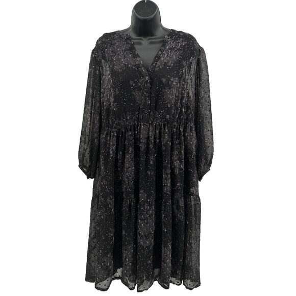 Torrid Midi Dress WMNS 2X Black Gray Swiss Dot Sheer Tiered Long Sleeve V-Neck - Picture 1 of 6